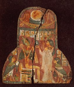 Låg på sangerinden Toarnemihertis kiste, der viser den afdøde, der tilbyder røgelse til den tronende Osiris, tredje mellemliggende periode (malet sten) (se 107961)